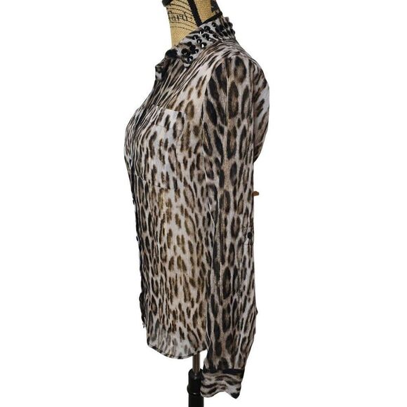 Michael Michael Kor Leopard Print Blouse Semi Sheer Roll Tab Button Up Small - Picture 3 of 7